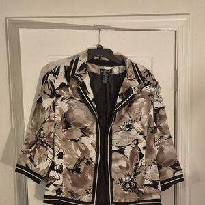 Black and Tan Blazer with Stand-Up Collar and Floral Print